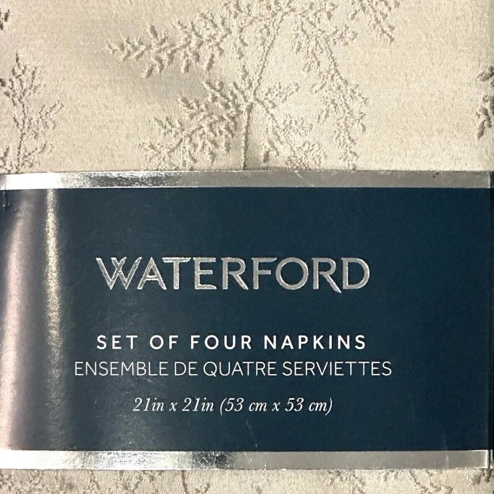 NWT WATERFORD DINNER NAPKINS SET OF 4 LINEN TAUPE 3D BRANCHES TABLE LUXURY 21 SQ